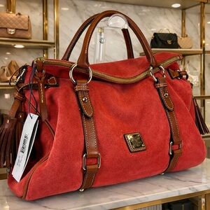 Dooney & Bourke Suede Red Tomato Large Satchel Bag Leather Florentine Rare Purse
